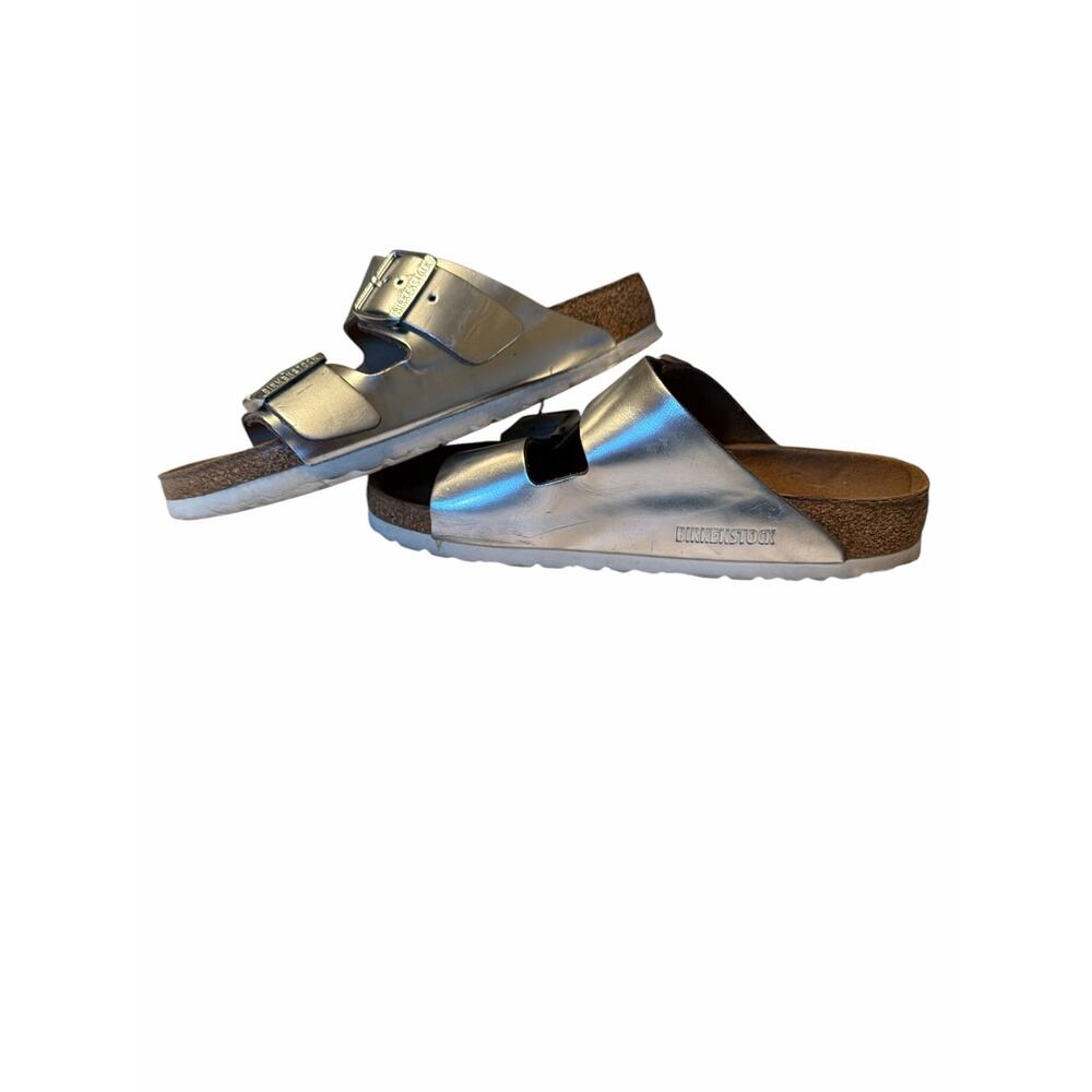 Birkenstock Women’s Size 37 / 6 Arizona Birko-Flor Metallic Silver Sandal - Picture 3 of 6